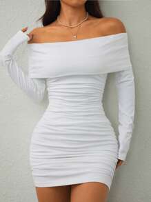 SHEIN Tall Lapel One-Shoulder Pleated Slimming Hip-Hugging Women's Dress Party Banquet Date Light Dress
