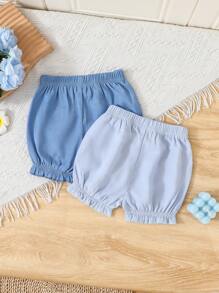 2pcs/Set Infant Baby Girls' Simple Solid Blue Color Lantern Shorts Set, Comfortable Casual Outfit Suitable For Home, Vacation Or Daily Wear, Spring/Summer New Arrival, Buy 1 Get 1 Free, Great Value