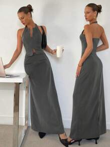 SHEIN Essnce Conjunto de dos piezas de mujer con top sin mangas con cremallera de color gris sólido para uso diario u oficina y falda larga con abertura, traje elegante/conjunto de falda para mujer/conjunto de ropa de trabajo para mujer