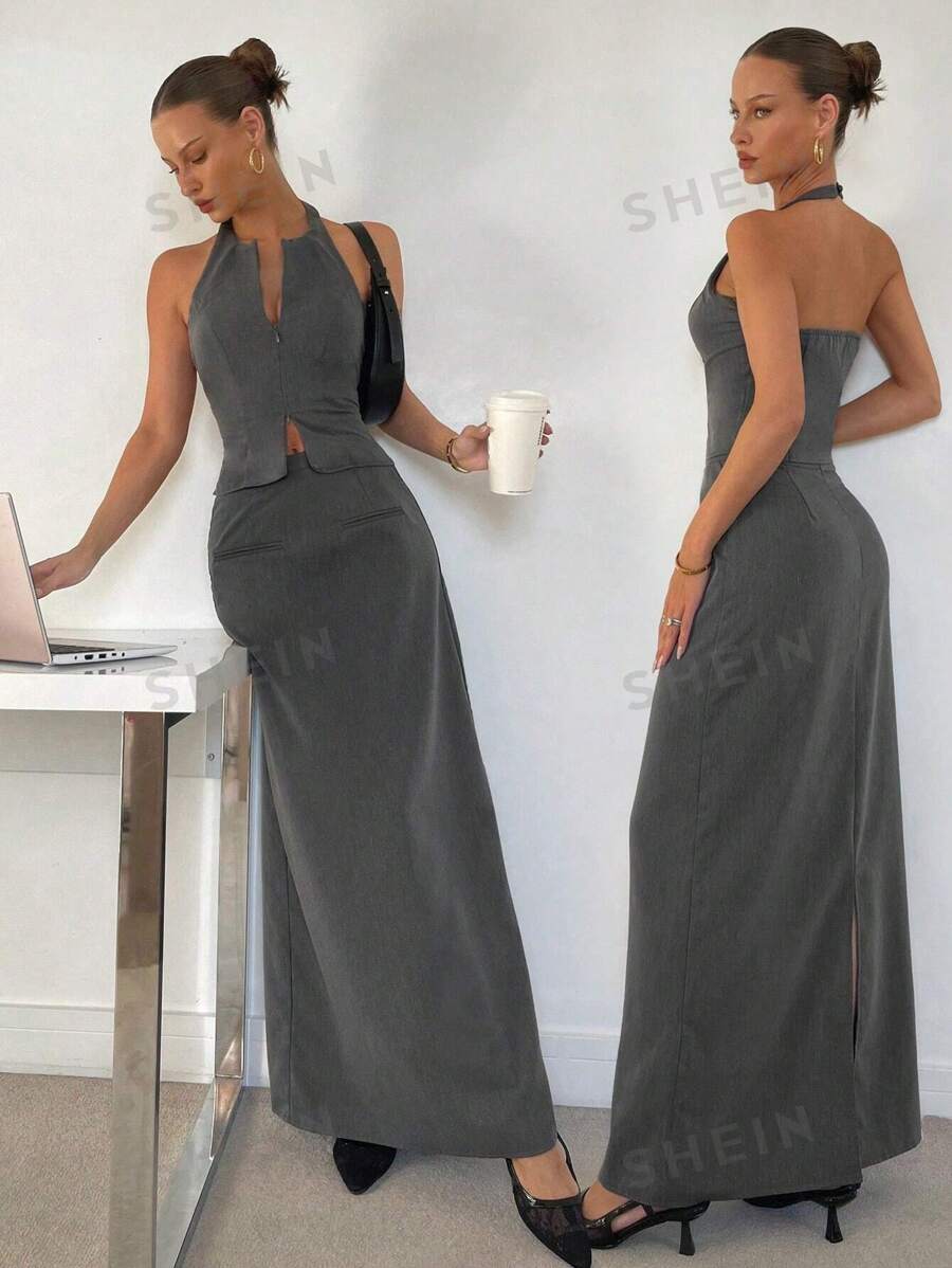 SHEIN Essnce Conjunto de dos piezas de mujer con top sin mangas con cremallera de color gris sólido para uso diario u oficina y falda larga con abertura, traje elegante/conjunto de falda para mujer/conjunto de ropa de trabajo para mujer