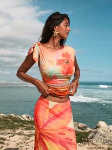 Opulessa Blusa casual con hombros anudados, cintura ceñida y estampado multicolor, sexy para vacaciones, citas, fiestas en la playa - Multicolor - Ver 4