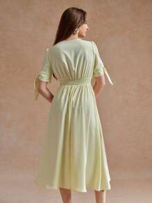 Écloséra Đầm suông cổ chữ V tay ngắn thắt eo thanh lịch cho nữ - Màu vàng - Xem 2