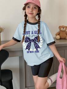 SHEIN Leap Crew Tween Girls Casual Simple Short Sleeve T-Shirt And Shorts 2 Pieces Set, Suitable For Summer - White - View 1