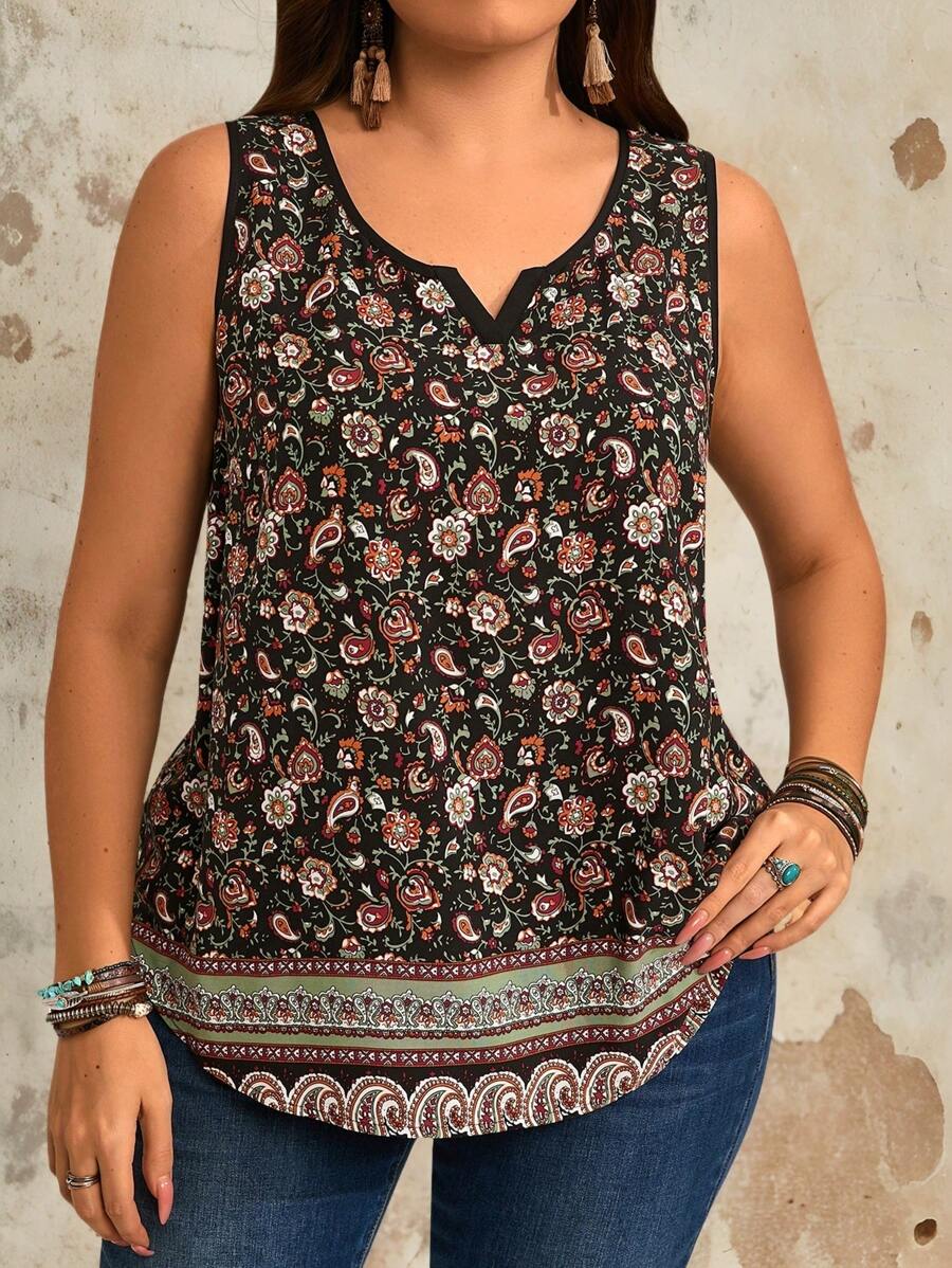 EMERY ROSE Plus Size Vacation Casual Ditsy Floral Notched Tank Top Summer Concert Women West Country