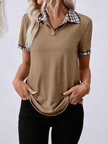 EMERY ROSE Camiseta de manga corta informal de parches de cuadros, estampado aleatorio, primavera/verano