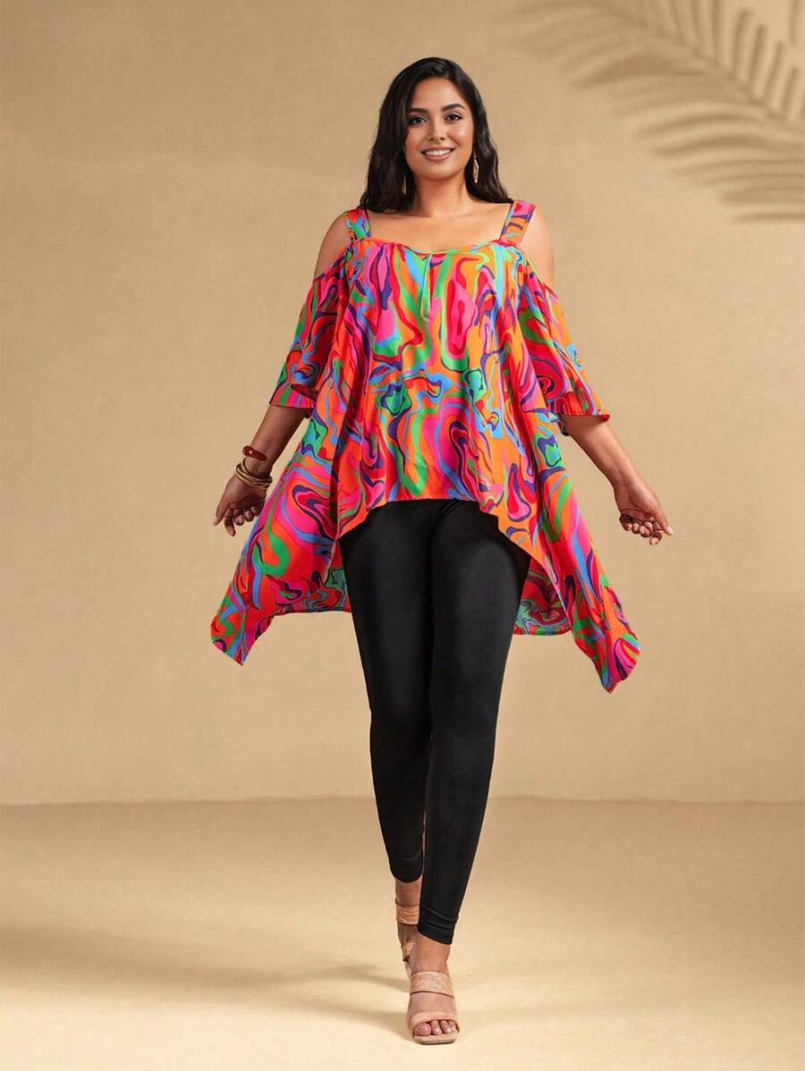 SHEIN Clasi 2pcs/Set Plus Size Women Summer Boho Holiday Outfit,Orange Floral Loose Cami Top,Asymmetrical Hem,Paired With Tight Knit Pants,Casual Vacation Design - Multicolor - View 1
