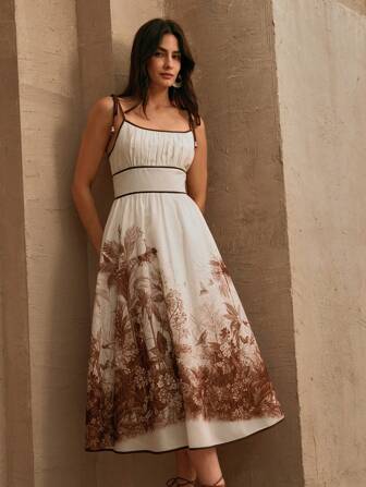 Anewsta 优雅度假高腰抽绳吊带无袖花卉印花连衣裙，适合初春度假、海滩