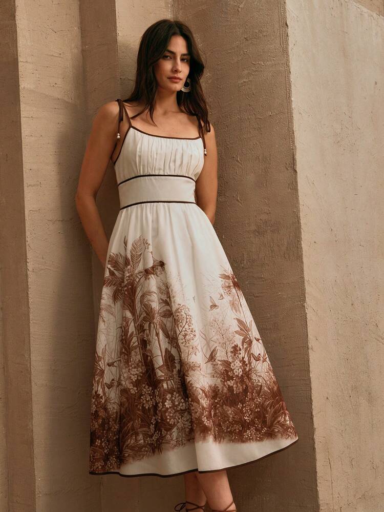 Elegant Vacation High Waist Drawstring Strap Sleeveless Floral Print Dress, Suitable For Early Spring Holiday, Beach