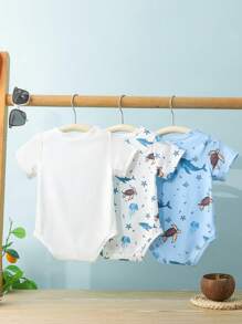 3 件装男婴连体衣，海洋与鲸鱼印花，信封领，休闲百搭日常装，适合夏季 - 彩色 - 查看 4