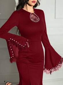 Modelyn 女士圆领长袖蕾丝拼接修身长款黑色正式优雅连衣裙长款晚礼服 - 酒紅色 - 查看 5