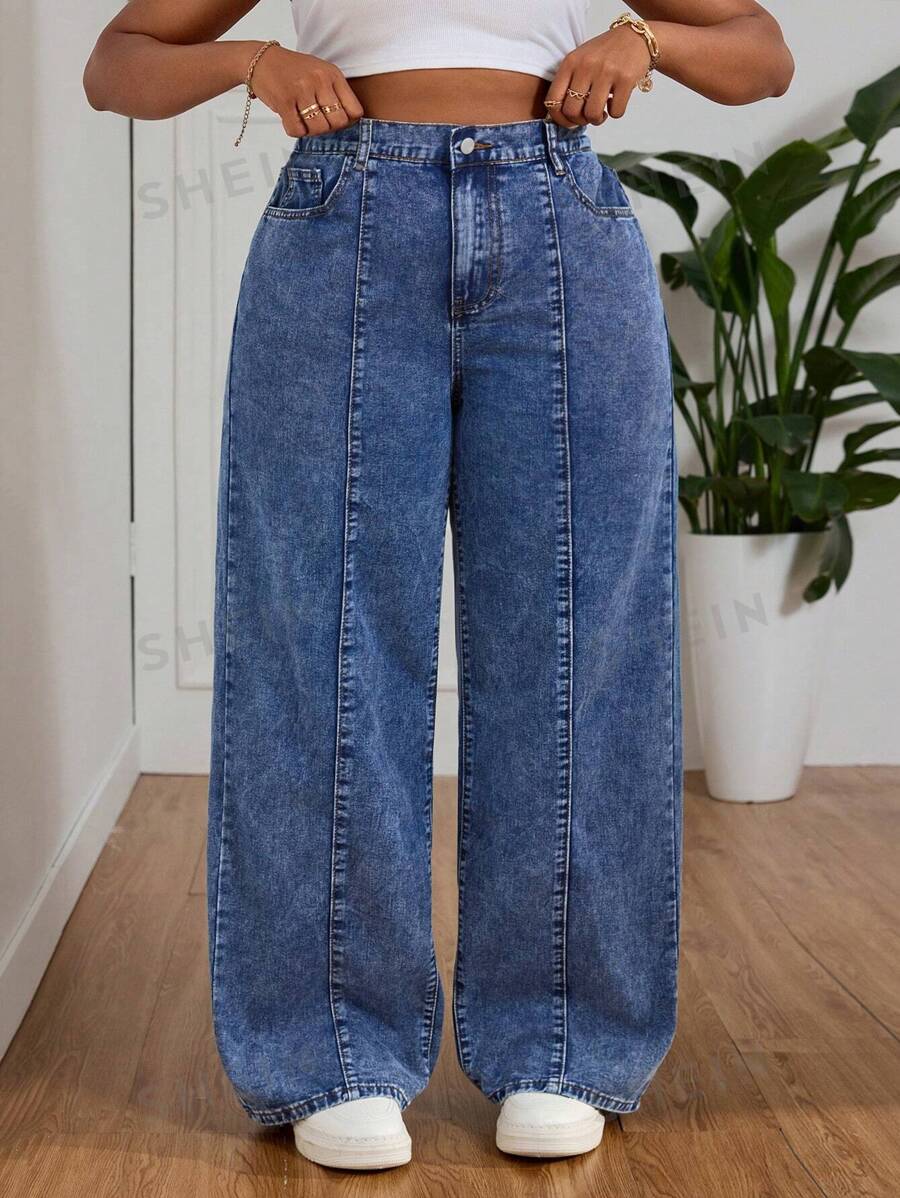 SHEIN EZwear Jeans de novia casual de talla grande con botones delanteros y bolsillos