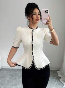 Elenzga 女士撞色饰边短袖衬衫，简约时尚，适合夏季 - 米色 - 查看 4