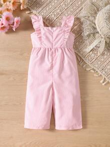 SHEIN Vintaside Kids 女婴/幼儿休闲时尚度假风荷叶边袖条纹编织蝴蝶结前黄色连体裤，春夏新品 - 粉色 - 查看 2