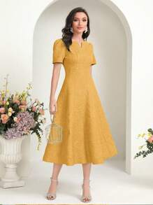 Modelyn Vestido largo para mujer con escote entallado, mangas abullonadas y largo hasta los tobillos, ideal para eventos de noche