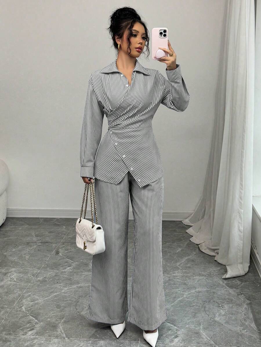 Modelyn 2 件套女士编织条纹纽扣领带套装，带长袖衬衫和裤子 - 黑色 - 查看 1