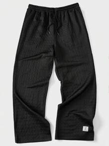 SHEIN Forever 21 Men's Fitted Black Sports Trousers With Woven Labels On The Hems For Summer Leisure