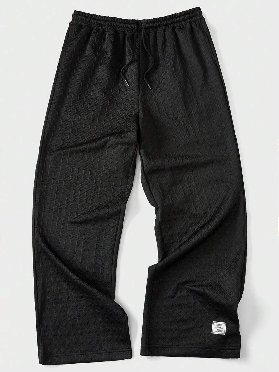 SHEIN Forever 21 Men's Fitted Black Sports Trousers With Woven Labels On The Hems For Summer Leisure
