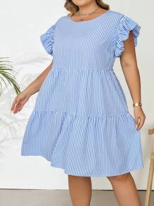 SHEIN CURVE+ Plus Striped Print Ruffle Trim Smock Summer Dress Boho Vacation - Blue and White - View 3