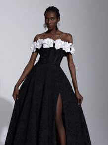 SHEIN Belle Elegant And Luxurious Black & White Contrast Floral Jacquard Off-Shoulder A-Line Princess Dress With Adjustable Tie At The Back, Suitable For Date, Birthday Party, Wedding, Single Party, Prom, Banquet (Heavy Embroidery Design), Formal, Gown, For Evening, Wedding Guest - Black - View 2