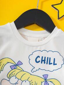 Nick 90s | SHEIN 女婴 2 件套卡通可爱甜美休闲风格白色卡通图案 T 恤和紫色圆点短裤套装，适合春夏季 - 紫色 - 查看 3