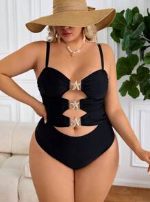 SHEIN CURVE+ Plus Size One-Piece Solid Color Hollow Out Metal Starfish Buckle Decor Sexy Elegant Resort One Piece Swimsuit For Women For Summer Beach Vacation