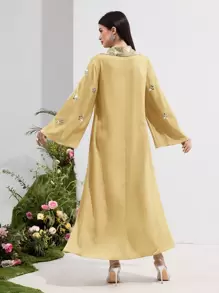 Al Najma Women's Solid Color Long Sleeve Arabic Style Dress With Rhinestone Decoration, Minimalist Fashion Suitable For Summer,Modest - Yellow - View 3