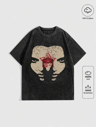 Goth Felpa vintage punk con stampa distorta a ritratto e ombra