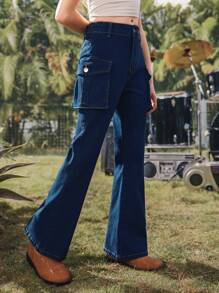 SHEIN Tween 女童深洗蓝色牛仔裤，松紧腰带，实用口袋，紧身喇叭裤腿，舒适时尚 - 深色水洗藍 - 查看 1