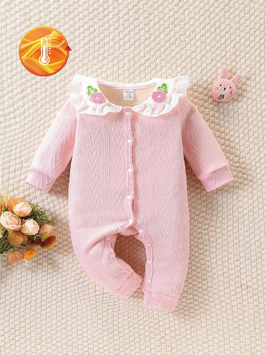 SHEIN 女婴厚针织花领荷叶边连体裤，适合秋冬季日常休闲穿着 - 粉色 - 查看 1