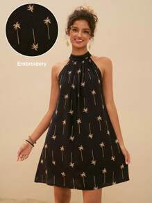 Travachic Robe mini décontractée de vacances pour femmes avec imprimé arbre de noix de coco sur la bretelle
