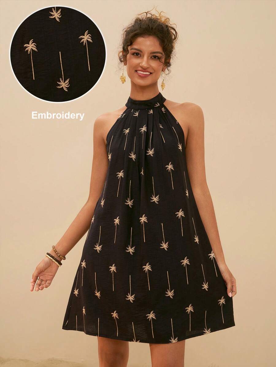 Travachic Robe mini décontractée de vacances pour femmes avec imprimé arbre de noix de coco sur la bretelle