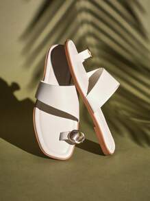 SHUZIA Women's Ring Toe Metal Flat Sandals Summer Slip-On Square Open Toe Beach Flats Slippers Mother's Day Present - Beige - View 5