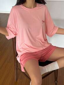 DAZY Bow Printed Minimalist Knit Matching T-Shirt And Shorts Women's Home Wear Set Pajama - Pink - View 1