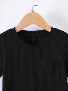 SHEIN Sparklyn Bộ 2 áo thun tay ngắn màu trơn đơn giản và quần short cho bé trai - màu đen - Xem 8