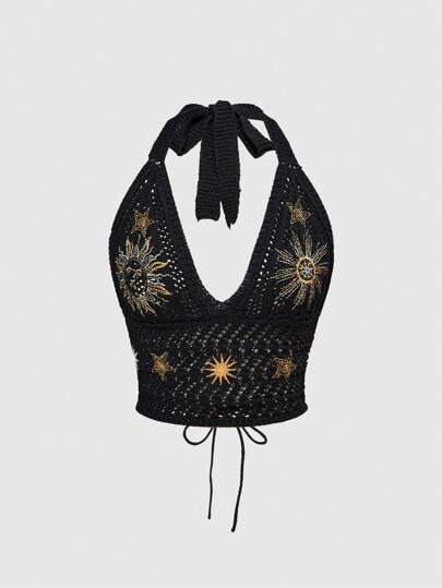 Hippie Women's Hippie Boho Style Moon & Star Embroidered Blouse