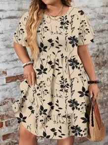 EMERY ROSE Casual Minimalist Ditsy Floral Loose Round Neck Short Sleeve Plus Size Dress, Suitable For ,Beach Dress Sundress,Holiday Outfits Boho Chic Dress,Flower/Spring/Summer/Vacation - Apricot - View 1