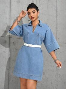 SHEIN PETITE 女士短袖口袋休闲宽松牛仔连衣裙 - 中等水洗藍 - 查看 4