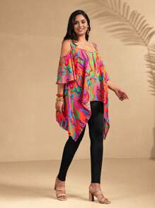 SHEIN Clasi 2pcs/Set Plus Size Women Summer Boho Holiday Outfit,Orange Floral Loose Cami Top,Asymmetrical Hem,Paired With Tight Knit Pants,Casual Vacation Design - Multicolor - View 7