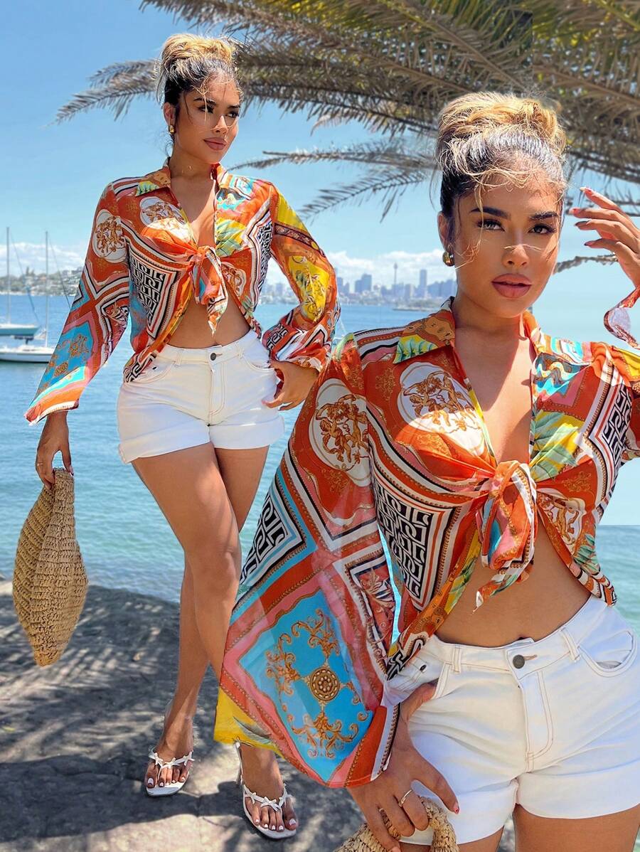 SHEIN SXY 海滩度假几何波尔卡圆点复古图案印花女式轻薄雪纺长袖衬衫 - 彩色 - 查看 1