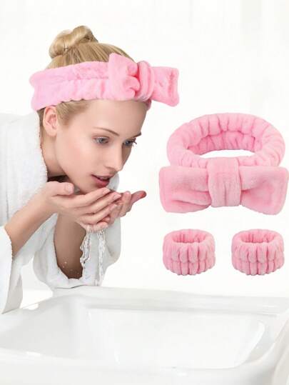1 件纯色粉色沐浴头带和 2 件沐浴腕带，创意涤纶面部化妆头带和洗脸腕带套装，蝴蝶结洗脸腕带，女士浴室发饰，用于洗脸、护肤和化妆，家居浴室装饰夏季