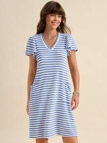 Wildy Vestido mini de mujer de línea A a rayas verdes vintage con mangas con volantes