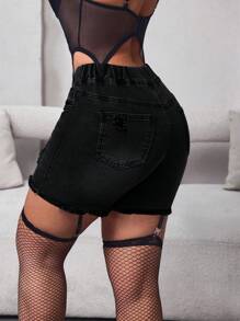 SHEIN SXY 休闲破洞毛边牛仔短裤 - 黑色 - 查看 3