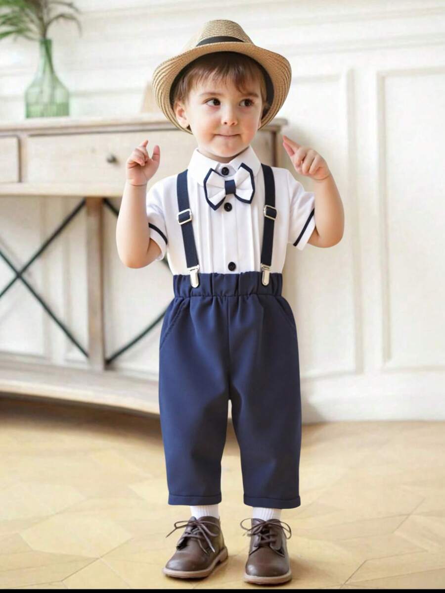 Bộ 3 món/bộ cho trẻ mới biết đi, trẻ sơ sinh, bé trai, mùa hè, tối giản, màu trơn, sọc tương phản, nơ bướm, áo sơ mi tay ngắn màu trắng cài nút đen & quần yếm có túi màu trơn, bộ trang phục thường ngày, thích hợp cho tiệc sinh nhật, đám cưới, ngày lễ, trường học, lễ rửa tội, trang phục cho bé trai, dây đeo quần, quần yếm, quần áo trẻ em, trang phục cho bé trai, quần đeo quần cho trẻ sơ sinh, áo sơ sinh, quần dài cho trẻ sơ sinh, 6 tháng-3 tuổi - Xanh đậm - Xem 1