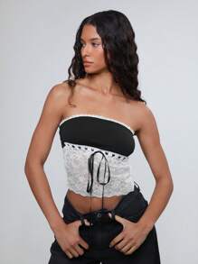 TRNVIE Elegant Colorblock Lace Patchwork Bow Bandeau Top