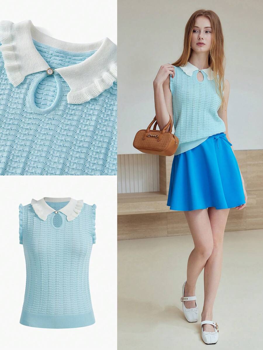 MOTF STUDIO 镂空撞色领针织上衣 - 藍白色 - 查看 1