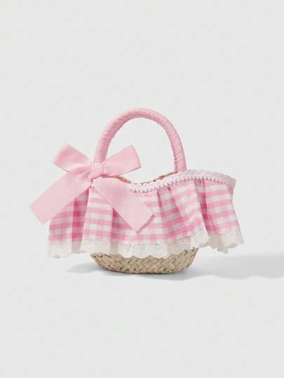 Kawaii Bolso de mano a cuadros rosa y blanco, bolso de paja para mujer