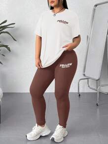 SHEIN EZwear 2 件套大码字母印花 T 恤和紧身裤 - 棕色 - 查看 4