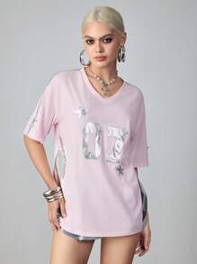 ROMWE Avant T-shirt patchwork en tissu argenté avec graphique de football rétro Y2K pour femmes