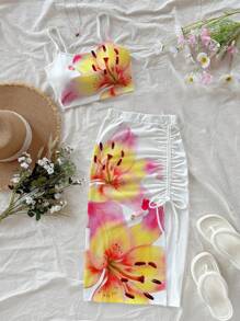 Soleia 2pcs/Set Women Vacation Casual Floral Print Camisole & Drawstring Waist Slit Skirt Suitable For Going Out