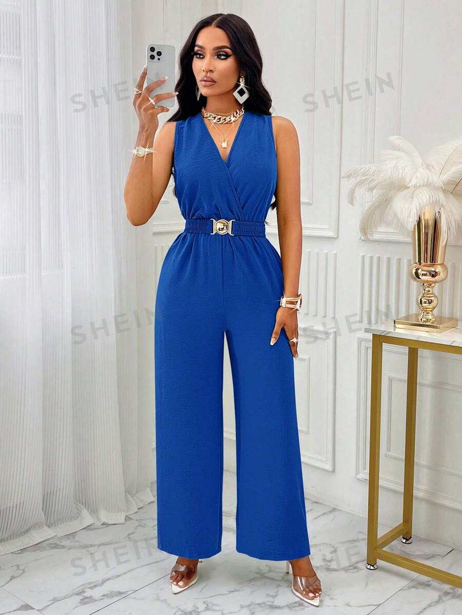 SOLERSUN Mono sin mangas con tiras anudadas, cuello en V y cintura con cinturón. La hebilla metálica del cinturón se puede abrir